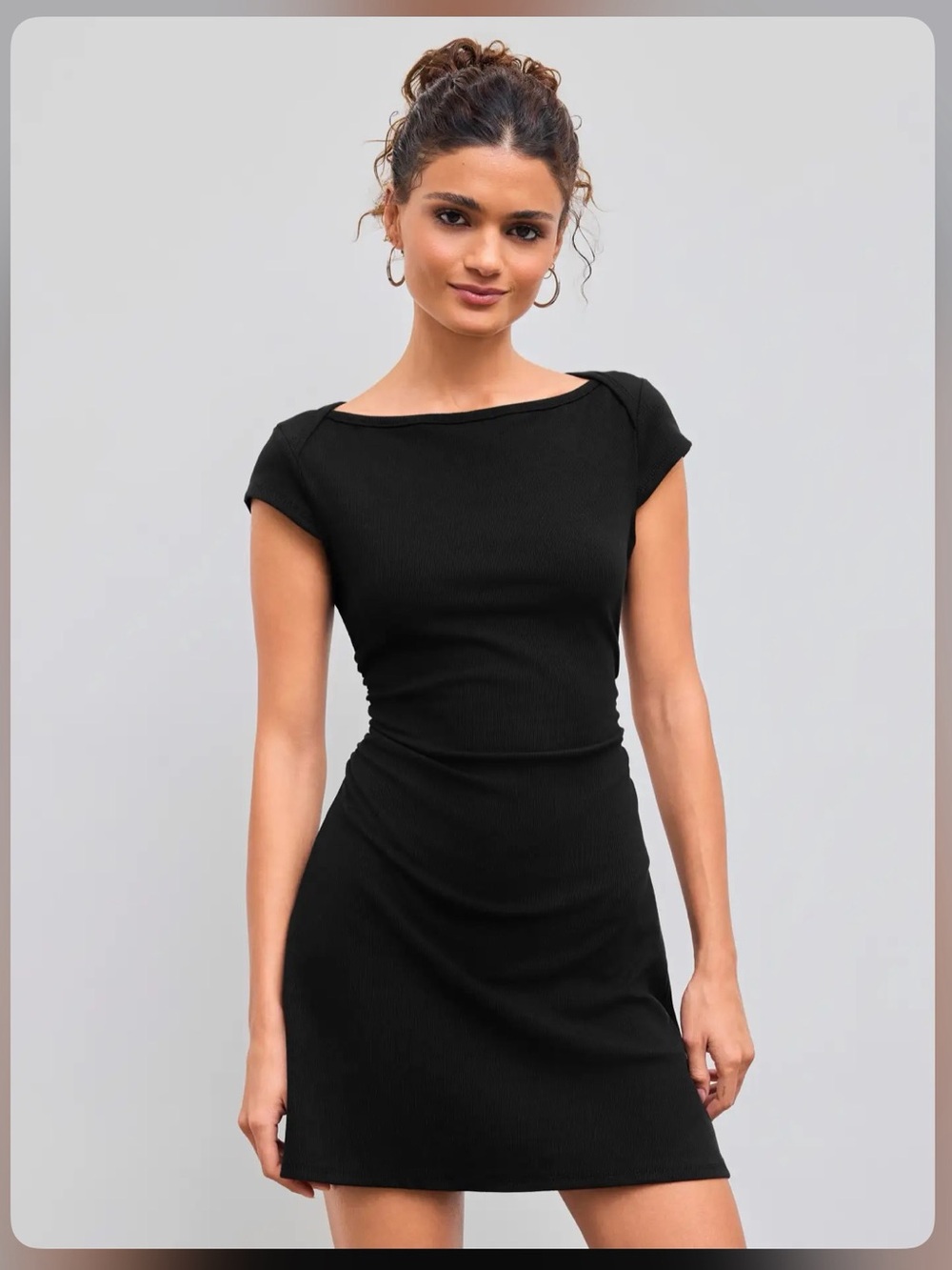 COTTON-BLEND BOAT NECK SOLID RUCHED MINI DRESS XS